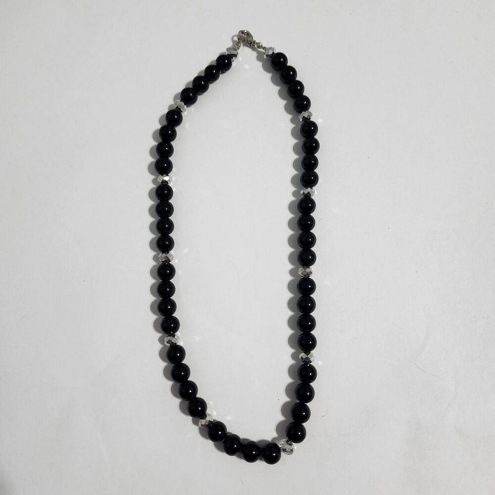 Silver Tone Faceted Black Acrylic Round Beaded Single Strand Necklace